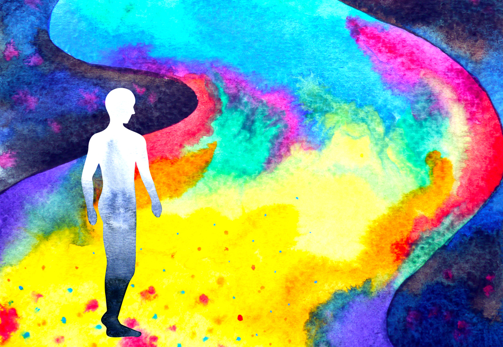 Watercolor scene of person standing on a path.